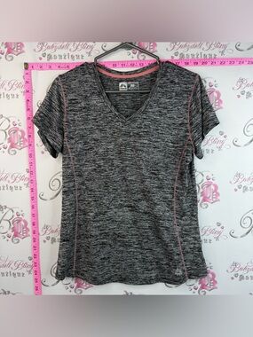 RBX Women’s Gray White Heather V-Neck Short Sleeve Shirt Pink Stitching stretchy